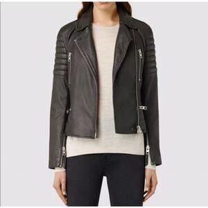 NWOT AllSaints Huxley Leather Moto Biker Jacket Black Silver EU 36 US 4